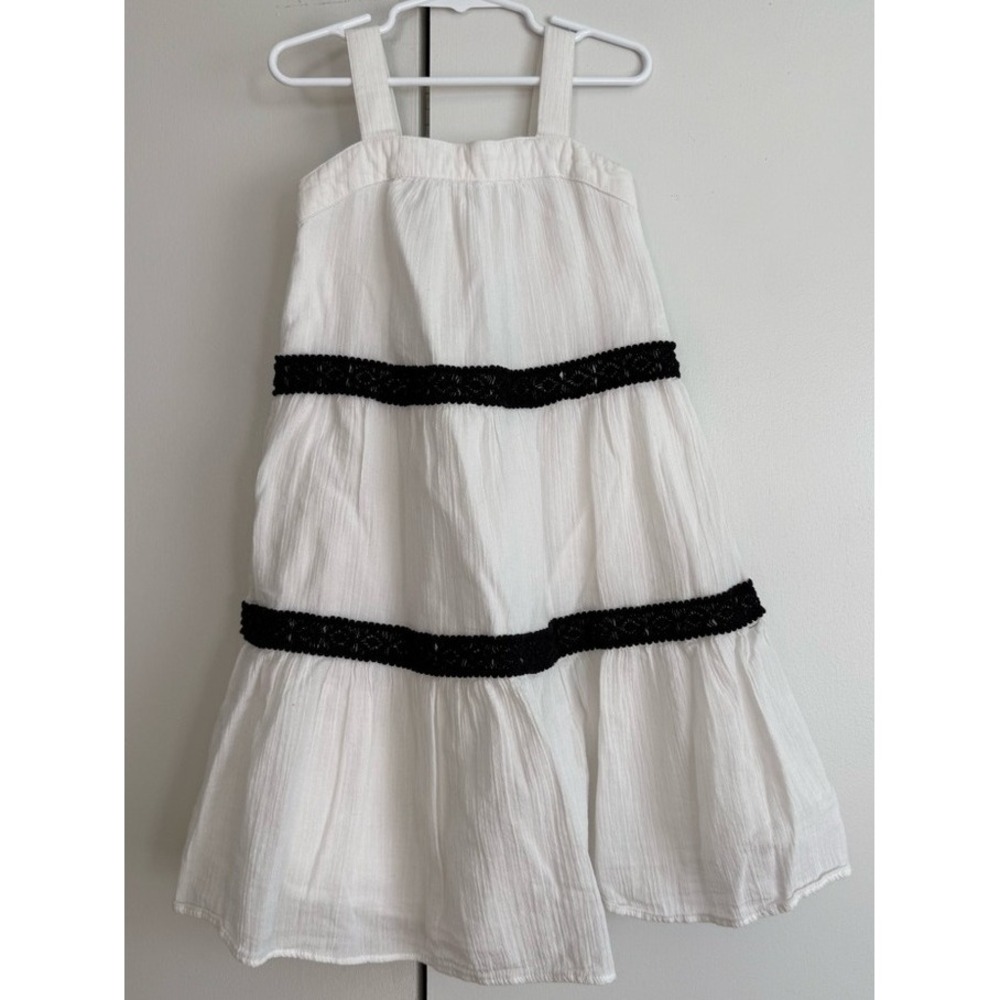 Janie and Jack Girls‎ White Cotton Gauze Tiered Dress Black Lace Trim Size 5